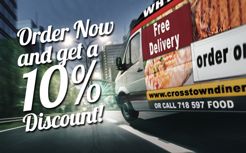 This striking image of Crosstown Diner’s branded delivery van highlights its free delivery service and a limited-time 10% discount for online orders, making it a leading choice for food delivery in the Bronx. Crosstown Diner, located at 2880 Bruckner Blvd, has been serving the Bronx community for over 50 years, renowned for its exceptional food quality, iconic menu items, and unbeatable customer service. Whether you’re craving a hearty breakfast at midnight, a delicious lunch, or a fulfilling dinner, Crosstown Diner offers a diverse menu that caters to all tastes, including vegetarian and seafood options.  The promotional text "Order Now and Get a 10% Discount" reinforces Crosstown Diner’s customer-first approach, ensuring every meal is fresh, delicious, and affordable. Their delivery service covers the Bronx and nearby neighborhoods, allowing locals to enjoy their favorite dishes, like juicy burgers, creamy Papa’s Cheesecake, and breakfast platters, delivered straight to their doors. This image encapsulates Crosstown Diner’s dual commitment to traditional American diner values and modern convenience, making it the Bronx’s top choice for food delivery. By offering free delivery and special discounts, Crosstown Diner continues to set the standard for affordable and high-quality dining in the Bronx.